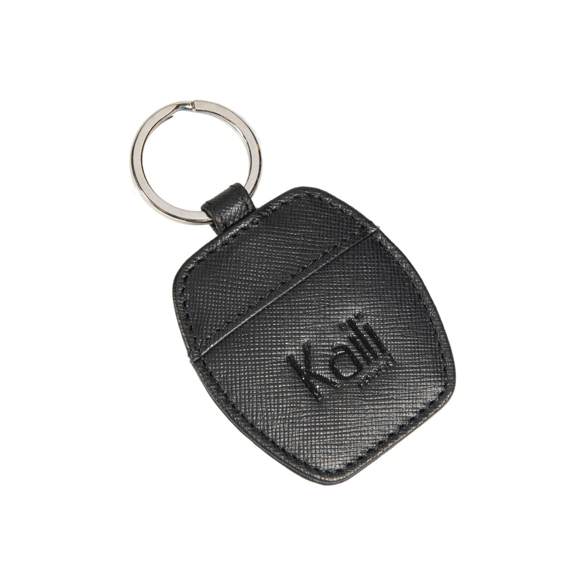 K10854AB | Saffiano Vera Pelle keychain. Black color. Polished Nickel key ring. Total dimensions: 5.5 x 9.5 x 0.5 cm. Packaging: hard bottom/cover Gift Box