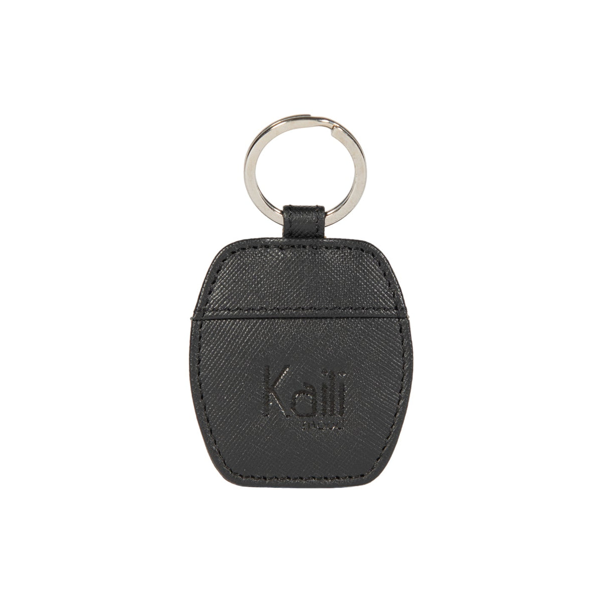 K10854AB | Saffiano Vera Pelle keychain. Black color. Polished Nickel key ring. Total dimensions: 5.5 x 9.5 x 0.5 cm. Packaging: hard bottom/cover Gift Box