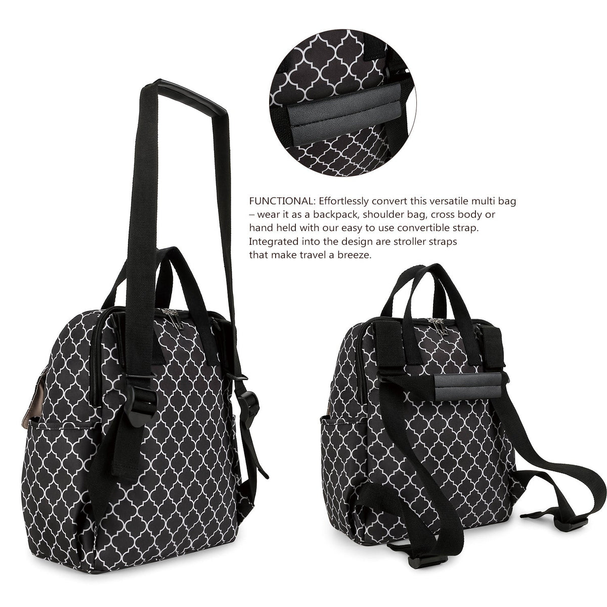 Striped double-shoulder and single-shoulder diaper bag with separate diaper pad and bottle bag, multi-functional maternity and baby travel stroller bag