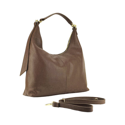 RB1017BV | Women's Soft Shoulder Bag in Genuine Leather Made in Italy with single handle and removable shoulder strap. Shiny Gold metal snap hook attachments - Chocolate color - Dimensions: cm 36 x 40 x 13