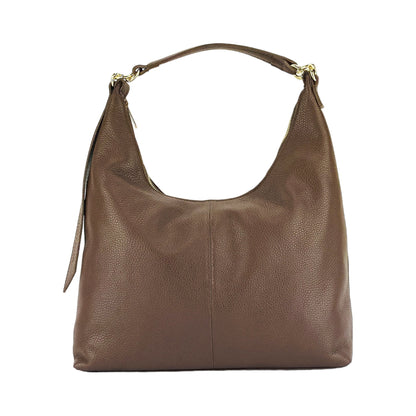 RB1017BV | Women's Soft Shoulder Bag in Genuine Leather Made in Italy with single handle and removable shoulder strap. Shiny Gold metal snap hook attachments - Chocolate color - Dimensions: cm 36 x 40 x 13