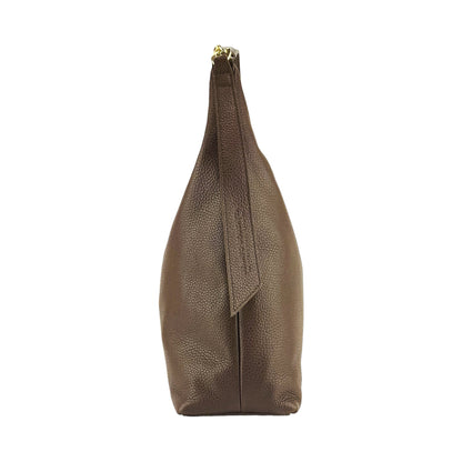 RB1017BV | Women's Soft Shoulder Bag in Genuine Leather Made in Italy with single handle and removable shoulder strap. Shiny Gold metal snap hook attachments - Chocolate color - Dimensions: cm 36 x 40 x 13