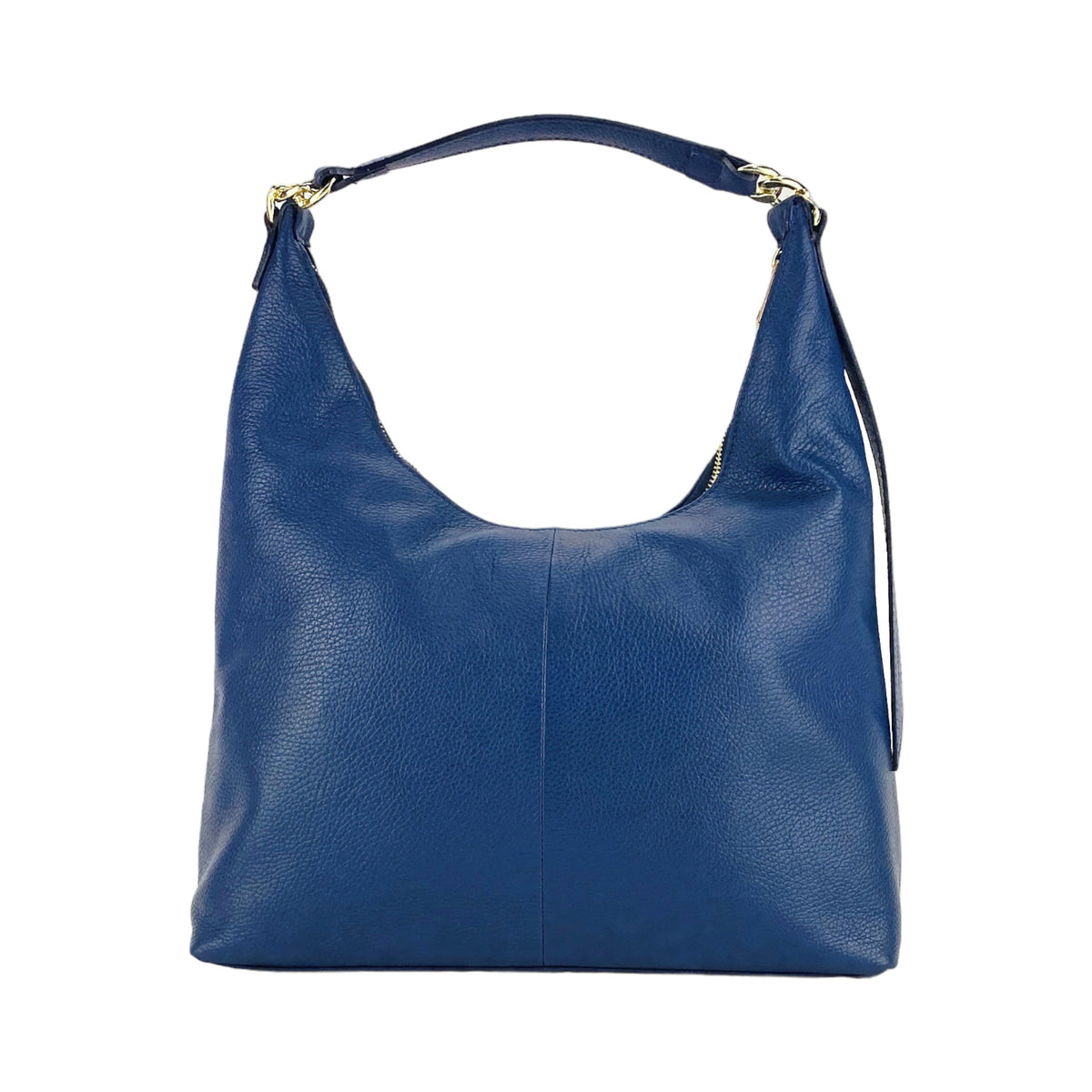 RB1017D | Women's Soft Shoulder Bag in Genuine Leather Made in Italy with single handle and removable shoulder strap. Shiny Gold metal snap hook attachments - Blue color - Dimensions: cm 36 x 40 x 13