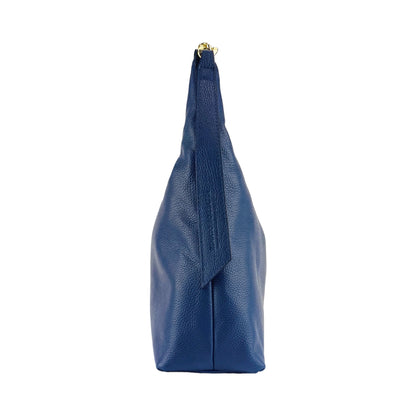 RB1017D | Women's Soft Shoulder Bag in Genuine Leather Made in Italy with single handle and removable shoulder strap. Shiny Gold metal snap hook attachments - Blue color - Dimensions: cm 36 x 40 x 13