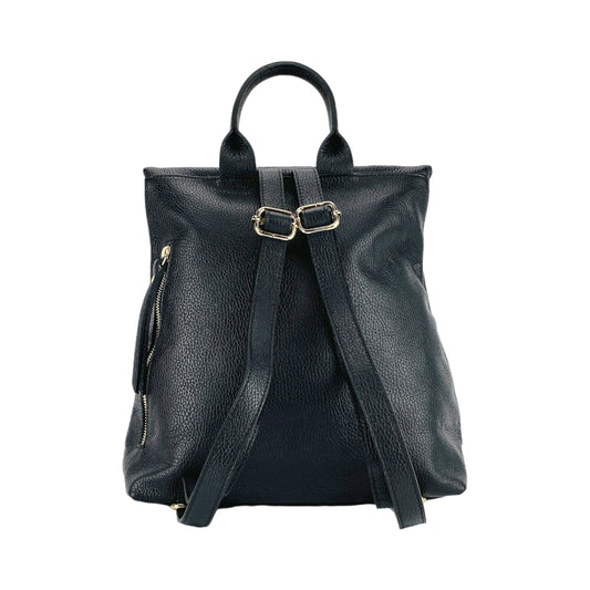 RB1021A | Women's Soft Genuine Leather Backpack Made in Italy with Adjustable Shoulder Straps. Zipper and Polished Gold Metal Accessories - Black Color - Dimensions: 30 x 34 x 10.5 cm