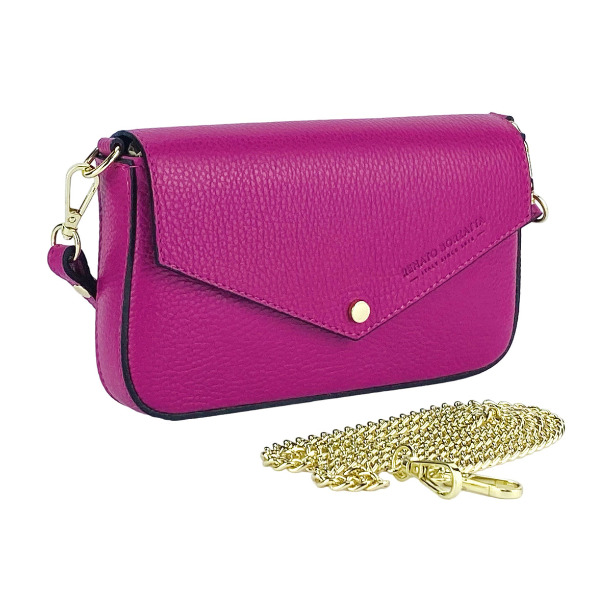 RB1023BE | Small Shoulder Bag with Removable Chain Strap in Genuine Leather Made in Italy. Flap Closure. Shiny Gold metal hardware - Fuxia color - Dimensions: 22 x 12 x 3 cm.