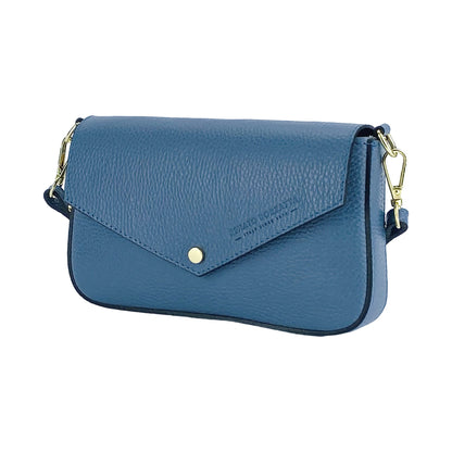 RB1023P | Small Shoulder Bag with Removable Chain Strap in Genuine Leather Made in Italy. Flap Closure. Shiny Gold metal hardware - Avio color - Dimensions: 22 x 12 x 3 cm.