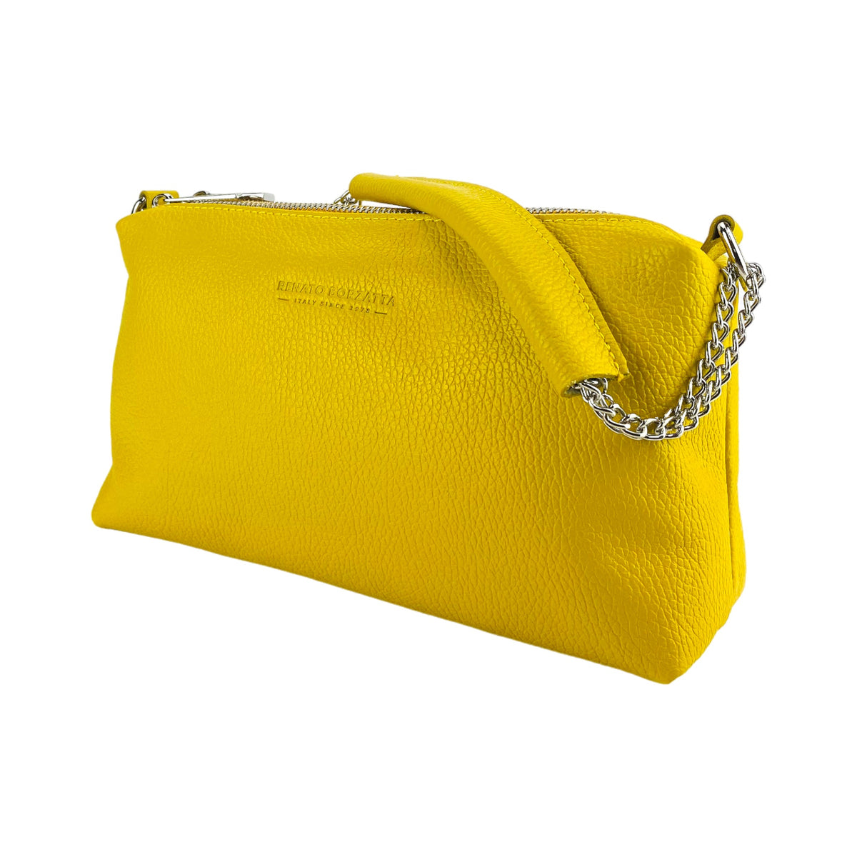 RB1025R | Women's Hand Bag with double zipper in Genuine Leather Made in Italy. Adjustable leather shoulder strap. Polished Nickel hardware - Yellow color - Dimensions: 26 x 14 x 9 cm.