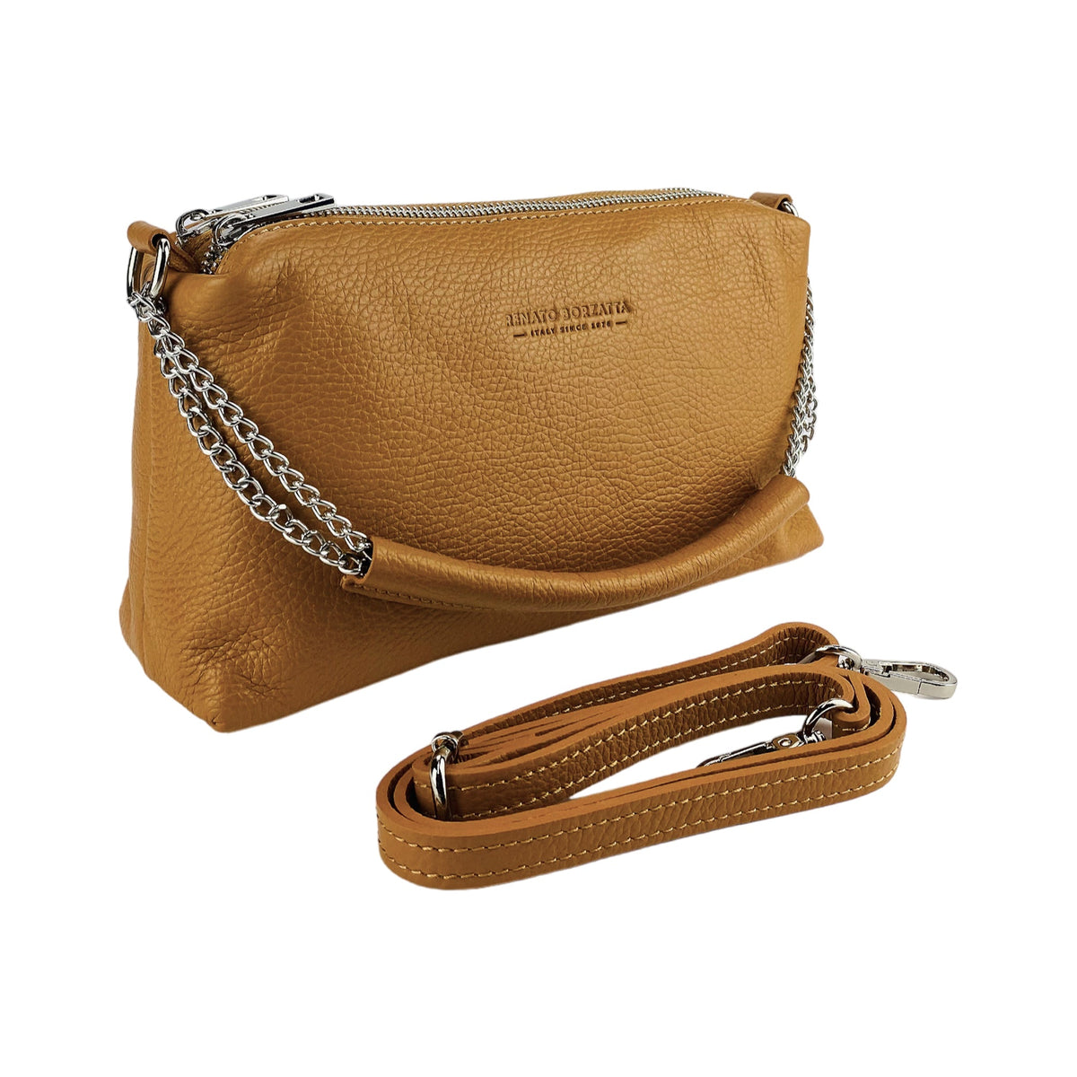 RB1025S | Women's Hand Bag with double zipper in Genuine Leather Made in Italy. Adjustable leather shoulder strap. Polished Nickel hardware - Cognac color - Dimensions: 26 x 14 x 9 cm.