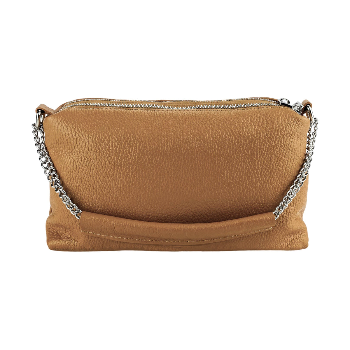 RB1025S | Women's Hand Bag with double zipper in Genuine Leather Made in Italy. Adjustable leather shoulder strap. Polished Nickel hardware - Cognac color - Dimensions: 26 x 14 x 9 cm.