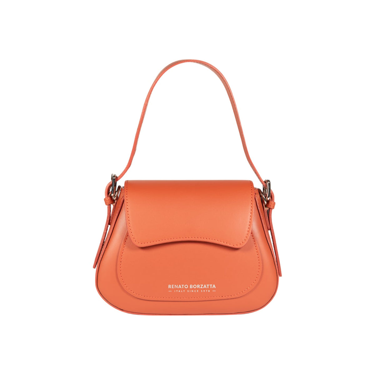 RB1030AM | EMMA Women's Shoulder Bag with flap in Genuine Leather Made in Italy. Polished Silver metal hardware - Paprika color - Dimensions: 24 x 18 x 9 cm + 14.5 (Handle light)