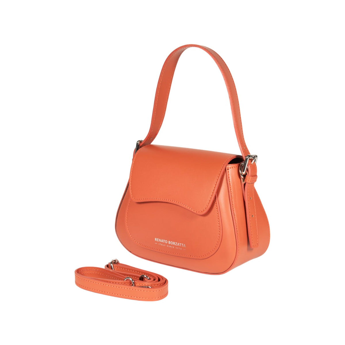 RB1030AM | EMMA Women's Shoulder Bag with flap in Genuine Leather Made in Italy. Polished Silver metal hardware - Paprika color - Dimensions: 24 x 18 x 9 cm + 14.5 (Handle light)