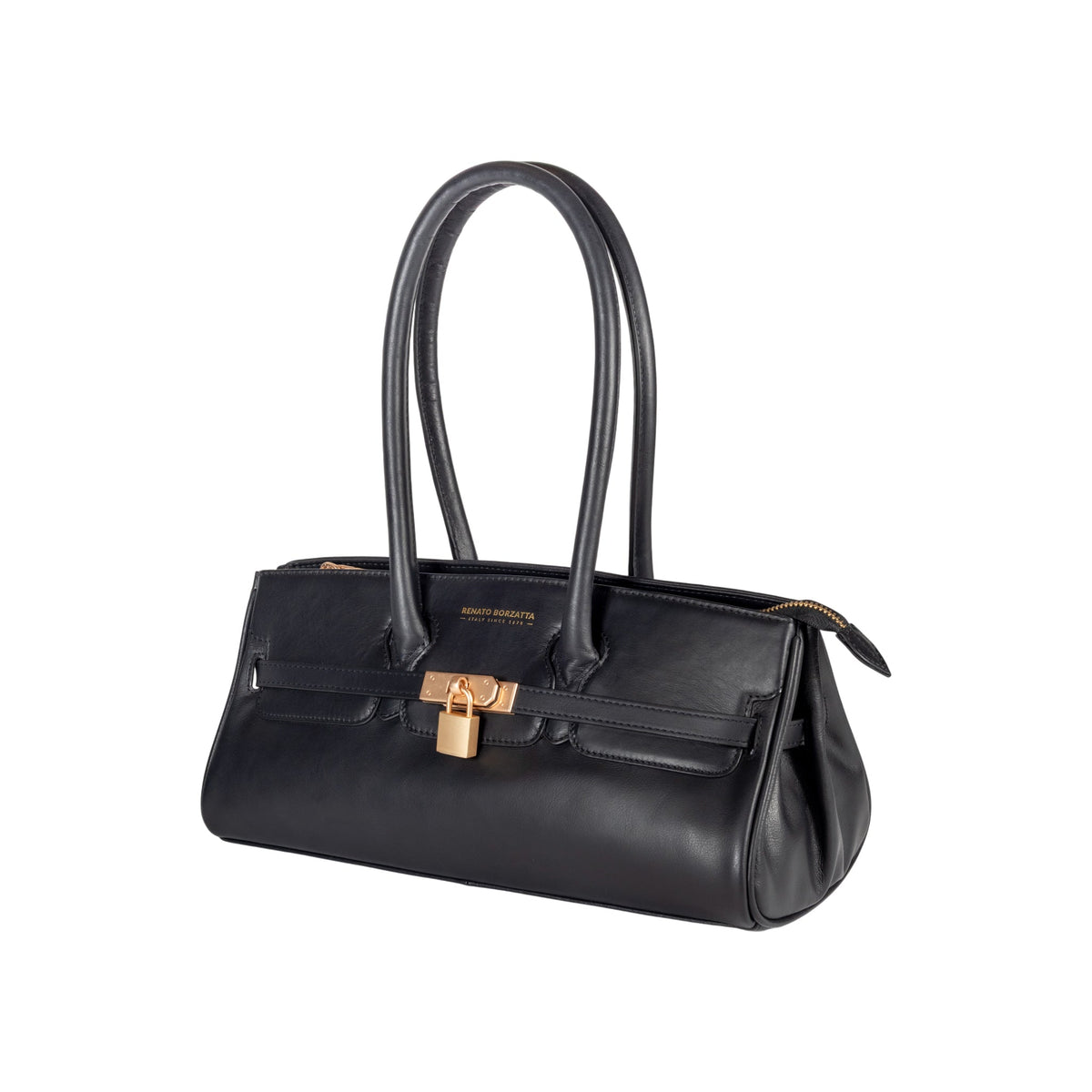 RB1033A | ARIANNA Women's Shoulder Bag in Soft Genuine Sauvage Leather Made in Italy. Matte Gold Metal Accessories. Color: Black. Dimensions: 34 x 15 x 16 + 20 cm (handle drop)