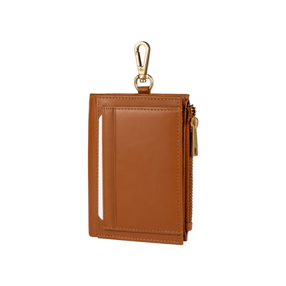 RB1085S | Women's Wallet Made in Italy in Soft Genuine Sauvage Leather. Matte Gold Metal Hardware. Cognac Color. Dimensions (closed): 8 x 11.5 x 2 cm