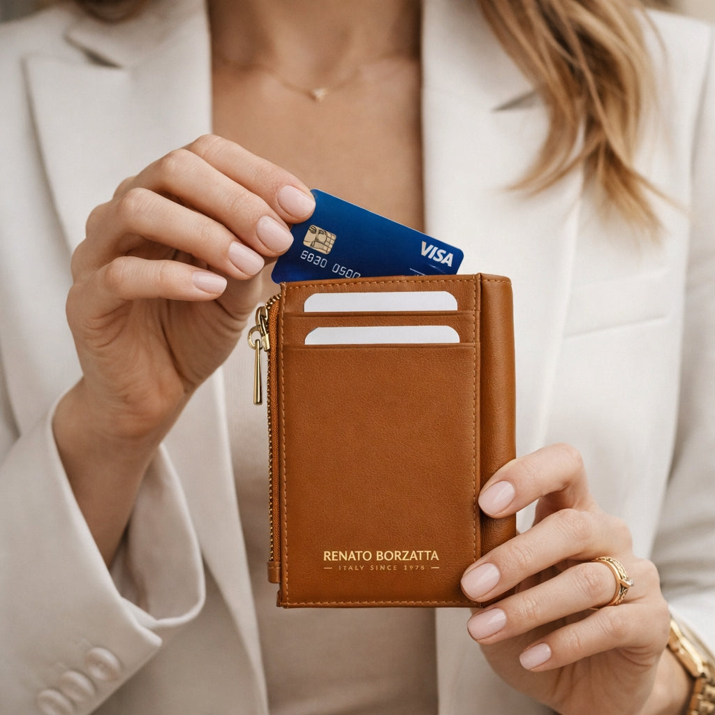 RB1085S | Women's Wallet Made in Italy in Soft Genuine Sauvage Leather. Matte Gold Metal Hardware. Cognac Color. Dimensions (closed): 8 x 11.5 x 2 cm