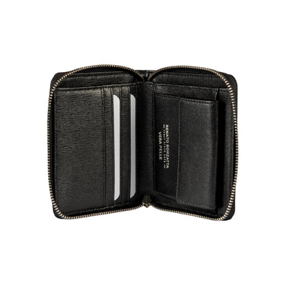 RB1086A | Women's Zip Around Wallet Made in Italy in Genuine Saffiano Leather. Polished Silver Metal Hardware. Black Color. Dimensions (closed): 10 x 12 x 2 cm