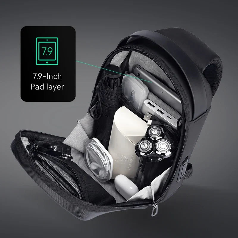 Hard-Shell Waterproof Crossbody Bag Sling with USB Port Black