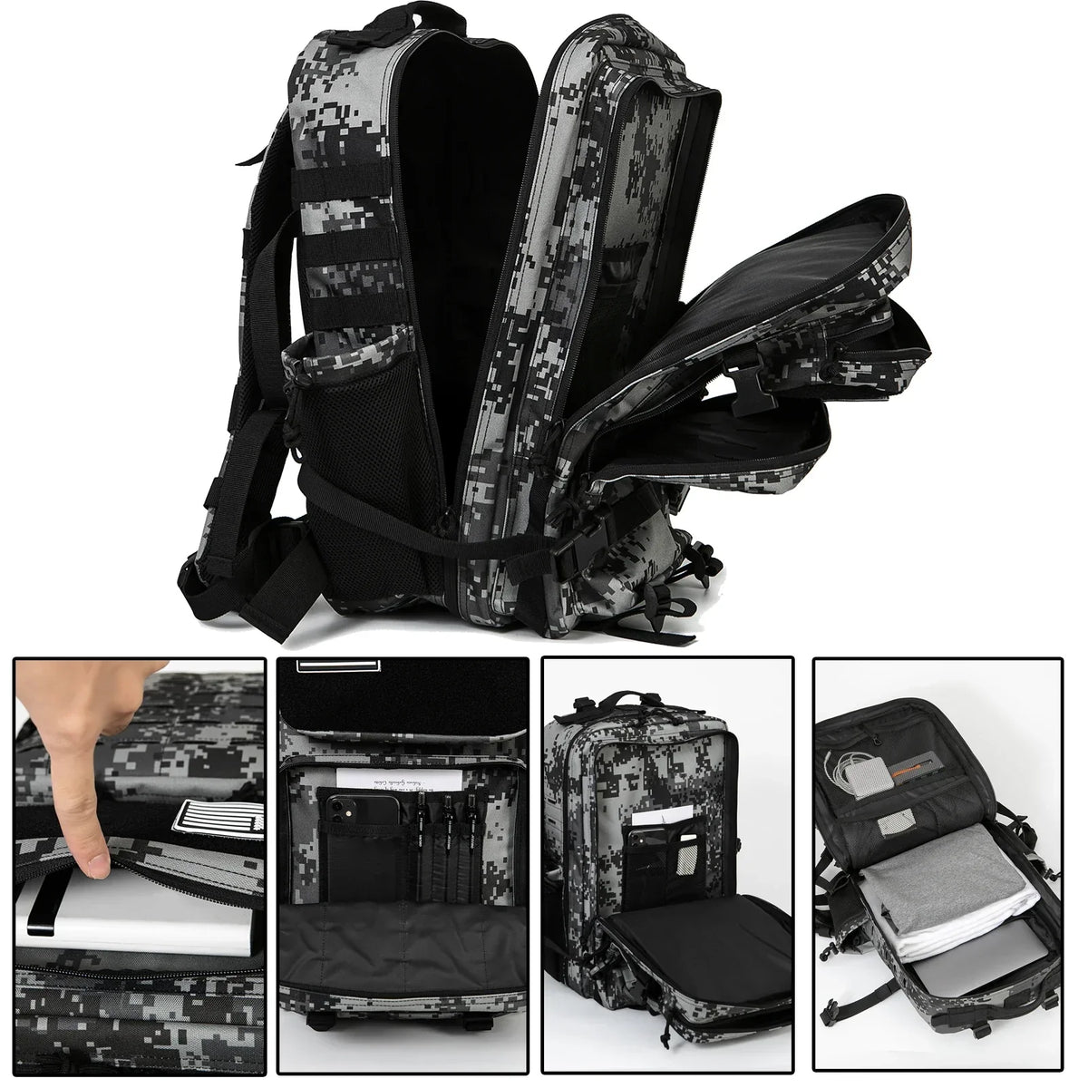 45L Tactical Backpack Waterproof Rucksack Black Camo