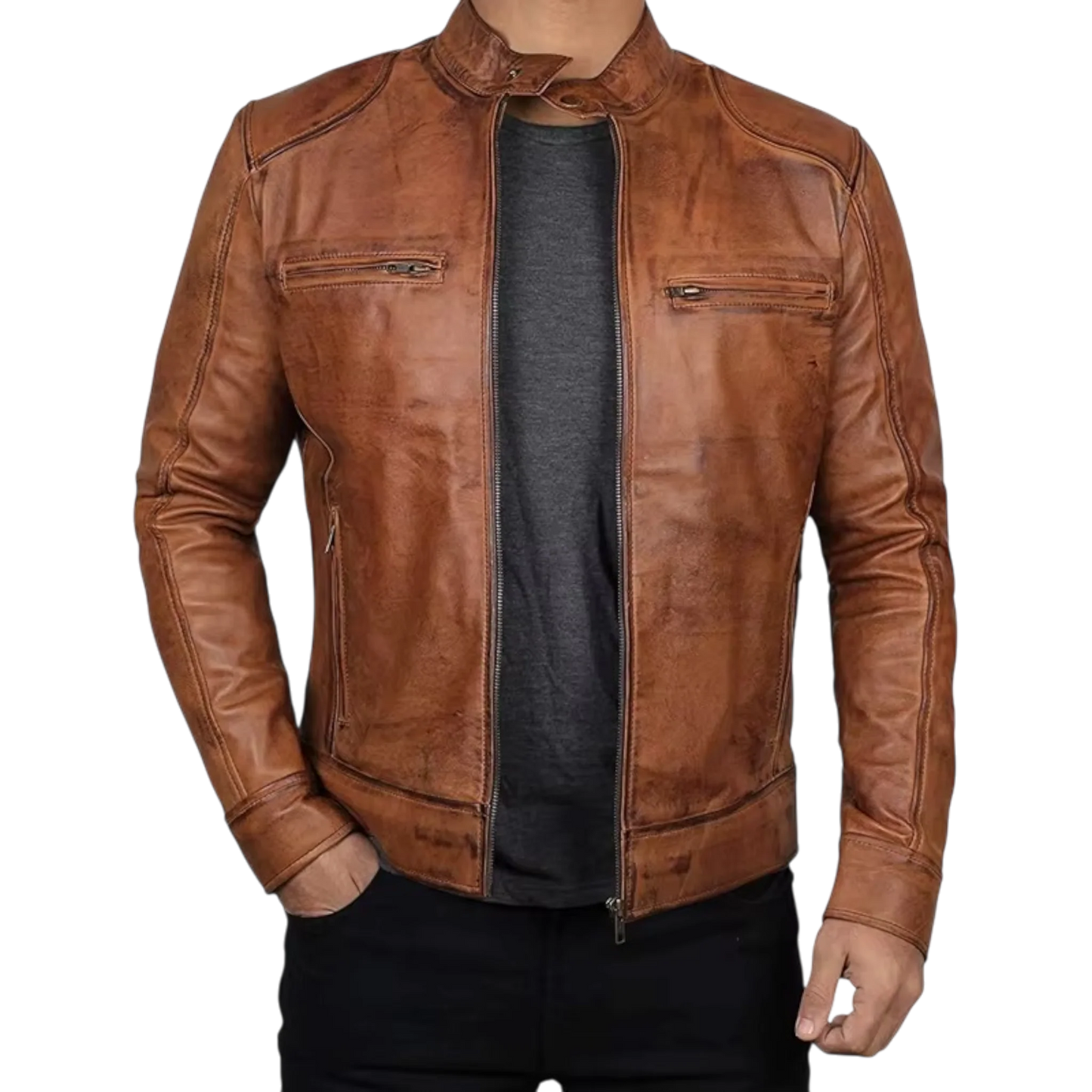 Men’s Tan Brown & Black Fashion Leather Jacket