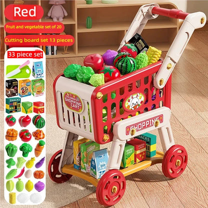 Shopping Cart Toy for Kids Supermarket Trolley with Toy Food Accessories Pretend Play Kitchen Games for Toddlers Ages 3+