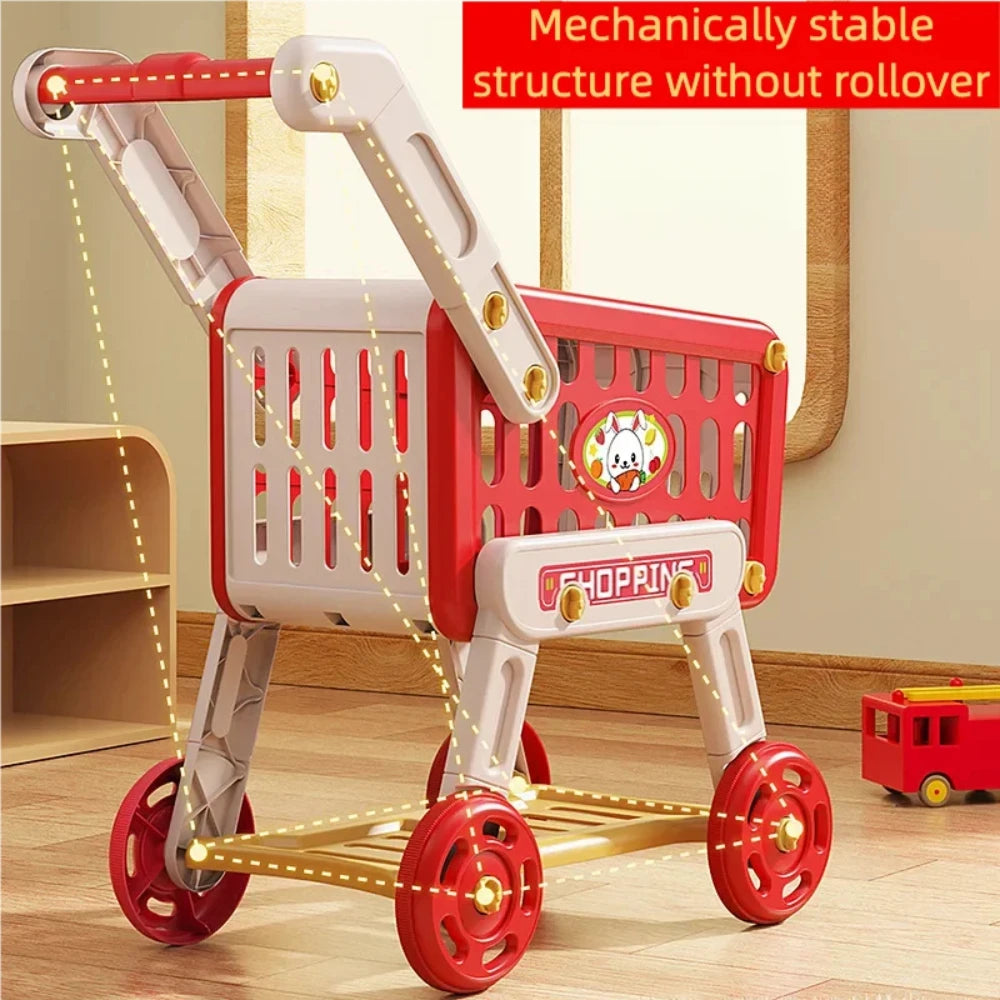 Shopping Cart Toy for Kids Supermarket Trolley with Toy Food Accessories Pretend Play Kitchen Games for Toddlers Ages 3+