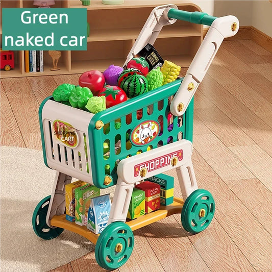 Shopping Cart Toy for Kids Supermarket Trolley with Toy Food Accessories Pretend Play Kitchen Games for Toddlers Ages 3+