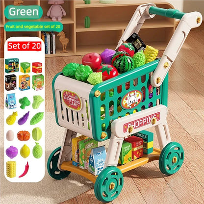 Shopping Cart Toy for Kids Supermarket Trolley with Toy Food Accessories Pretend Play Kitchen Games for Toddlers Ages 3+