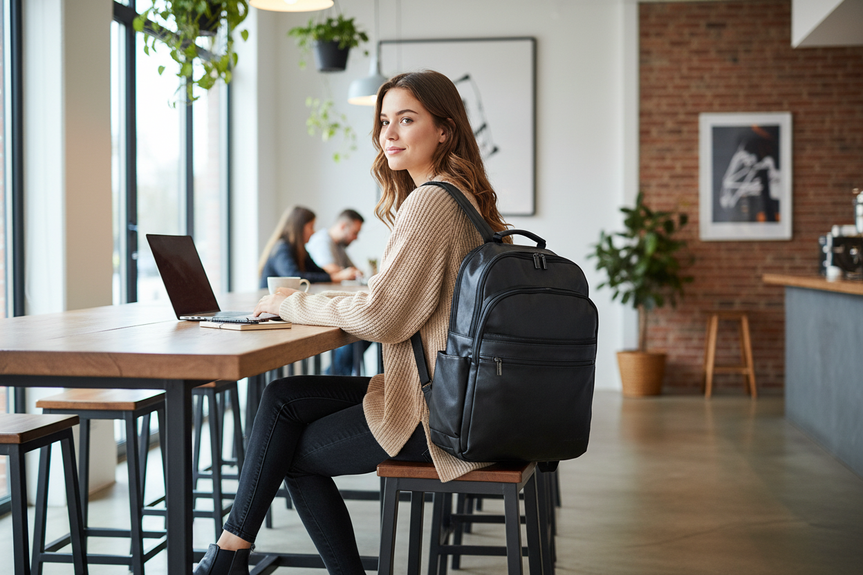 Black leather backpack - coffee shop lifestyle
