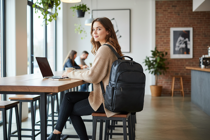 Black leather backpack - coffee shop lifestyle