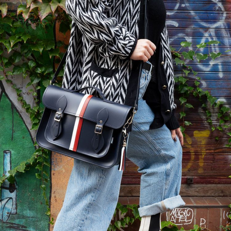 British Edit Handmade Leather Handbag Satchel - Navy with Red & White Stripes