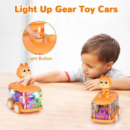 Baby Animal Car Toys for Toddlers 1 2 3 Years Light up LED Toy Pull Back Car with Visible Gear Birthday Gifts for Kids Boys Girl
