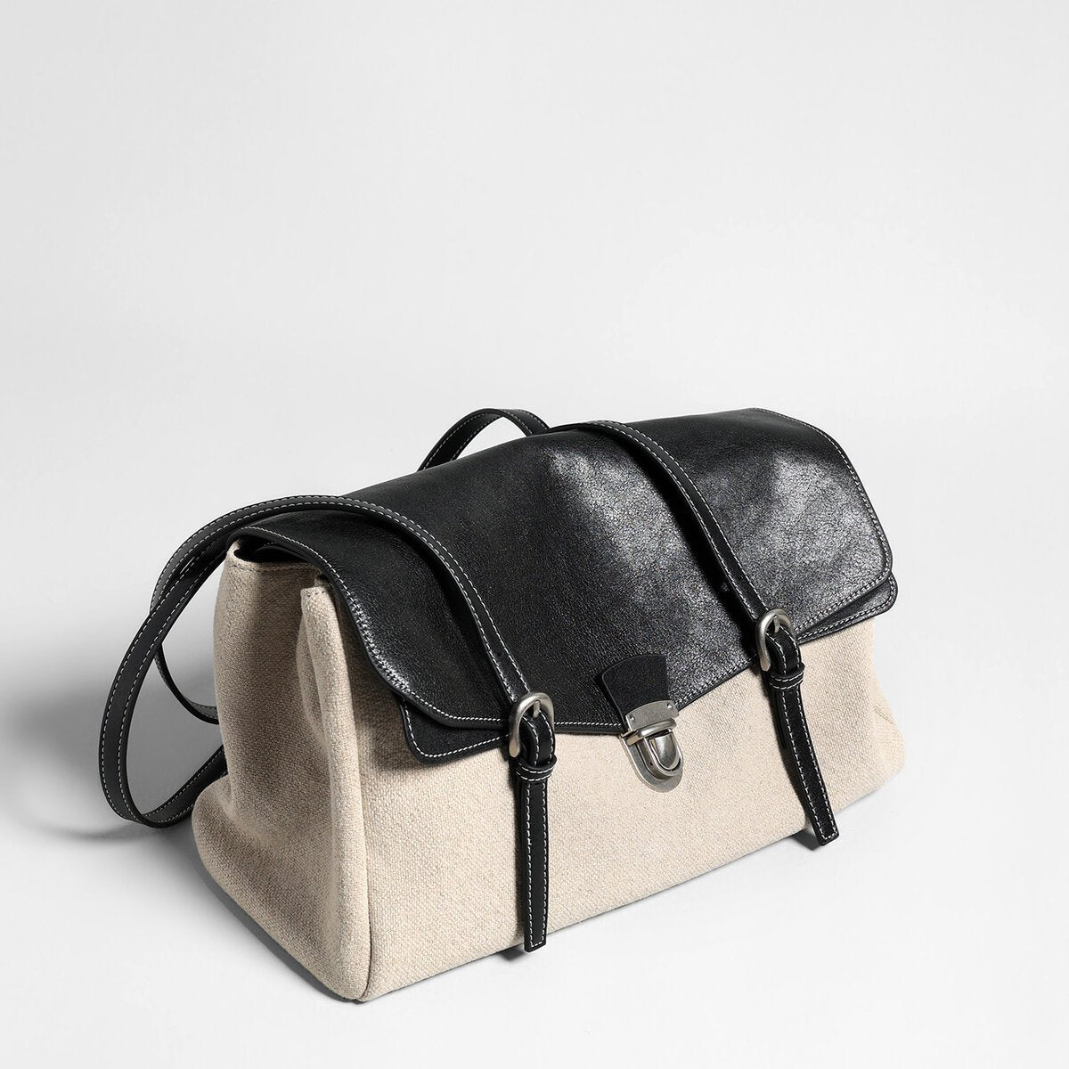 Canvas & Calfskin Leather Flap Tote Bag – Two-Tone Structured Satchel with Push-Lock Closure