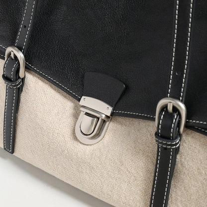 Canvas & Calfskin Leather Flap Tote Bag – Two-Tone Structured Satchel with Push-Lock Closure