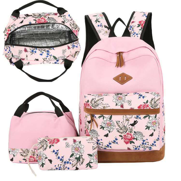 Floral Bags 3pcs Schoolbag Backpack Lunch Bag And Wallets-0