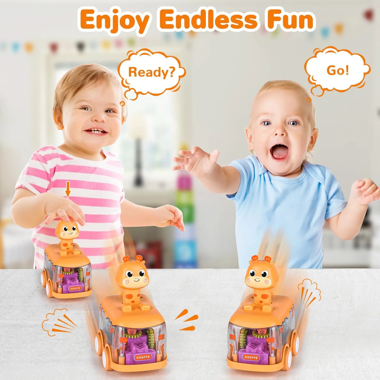 Baby Animal Car Toys for Toddlers 1 2 3 Years Light up LED Toy Pull Back Car with Visible Gear Birthday Gifts for Kids Boys Girl