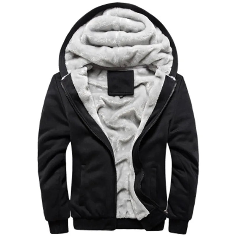 Black Hoodies Men 2025 Winter Jacket Fashion Thick Men'S Hooded Sweatshirt Male Warm Fur Liner Sportswear Tracksuits Mens Coat