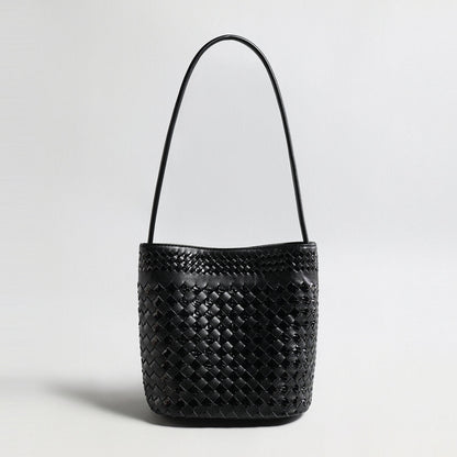 Hand-Woven Lambskin Bucket Bag – Two-Tone Intrecciato Weave with Slim Shoulder Strap