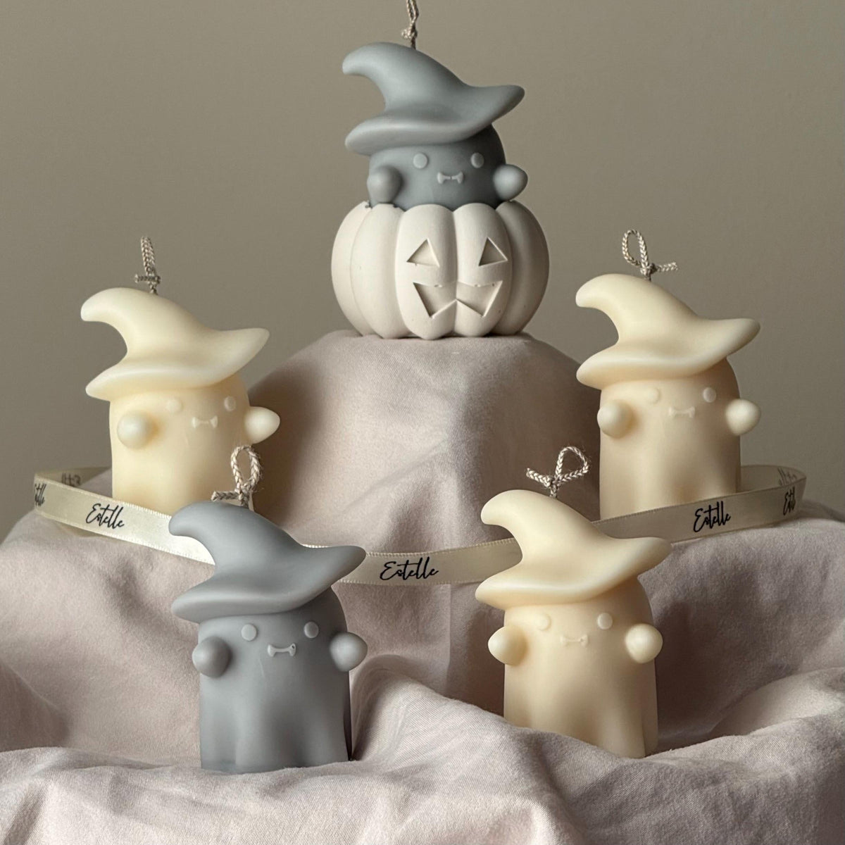 Halloween Ghosts Candle in Jesmonite Pumpkin: Hand-Poured Soy Wax Sculptural Candles-0