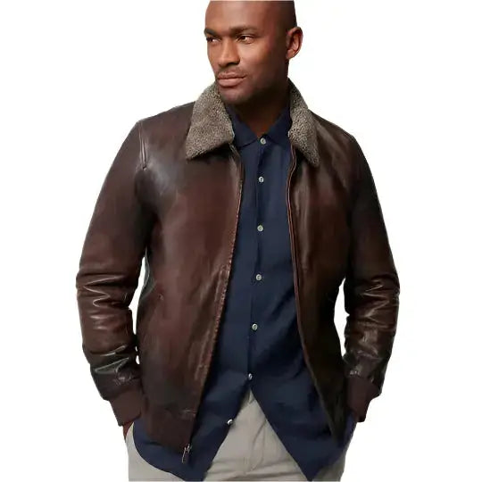 Mens Brown Aviator Leather Bomber Jacket