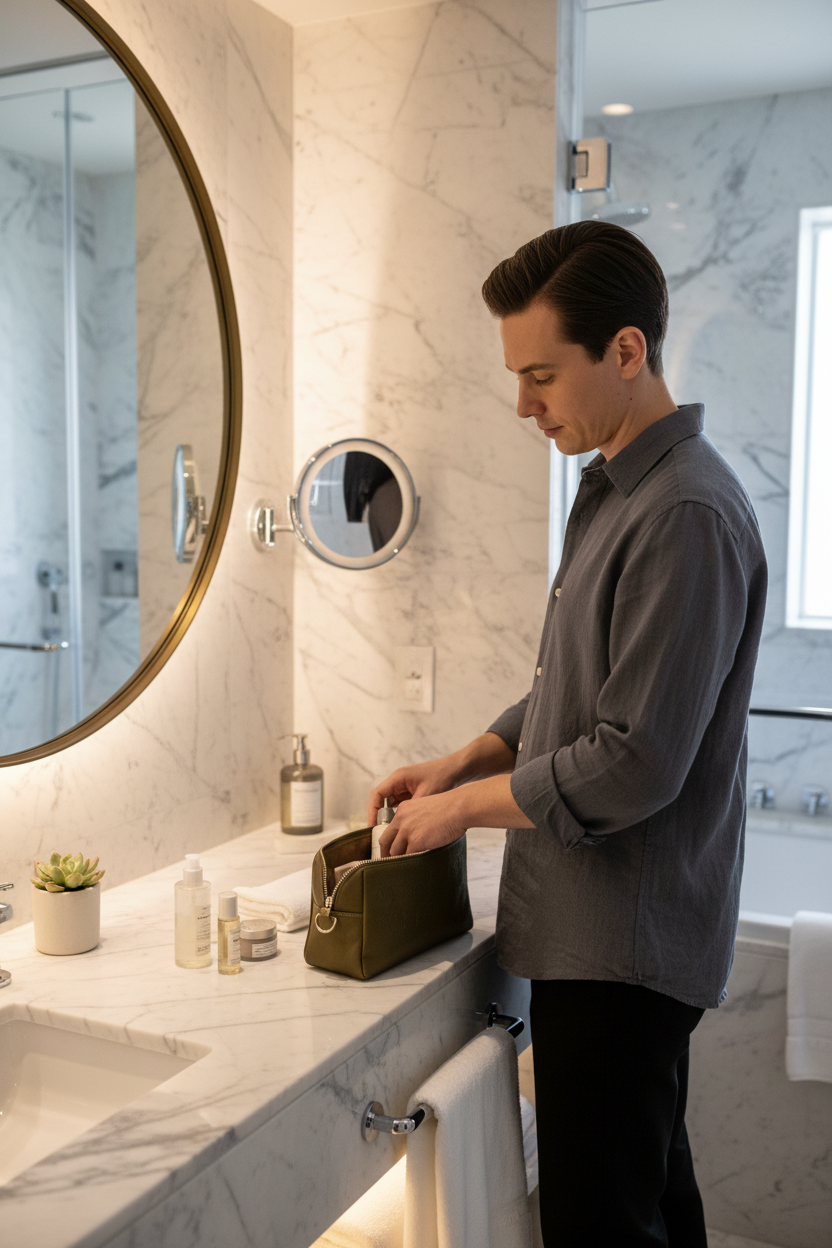 Model with olive green toiletry bag