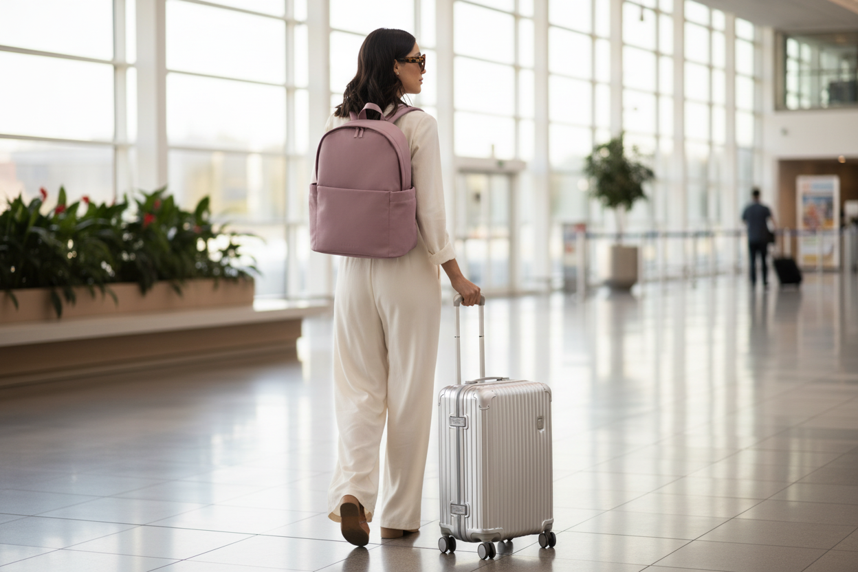 Model with rose pink backpack at airport