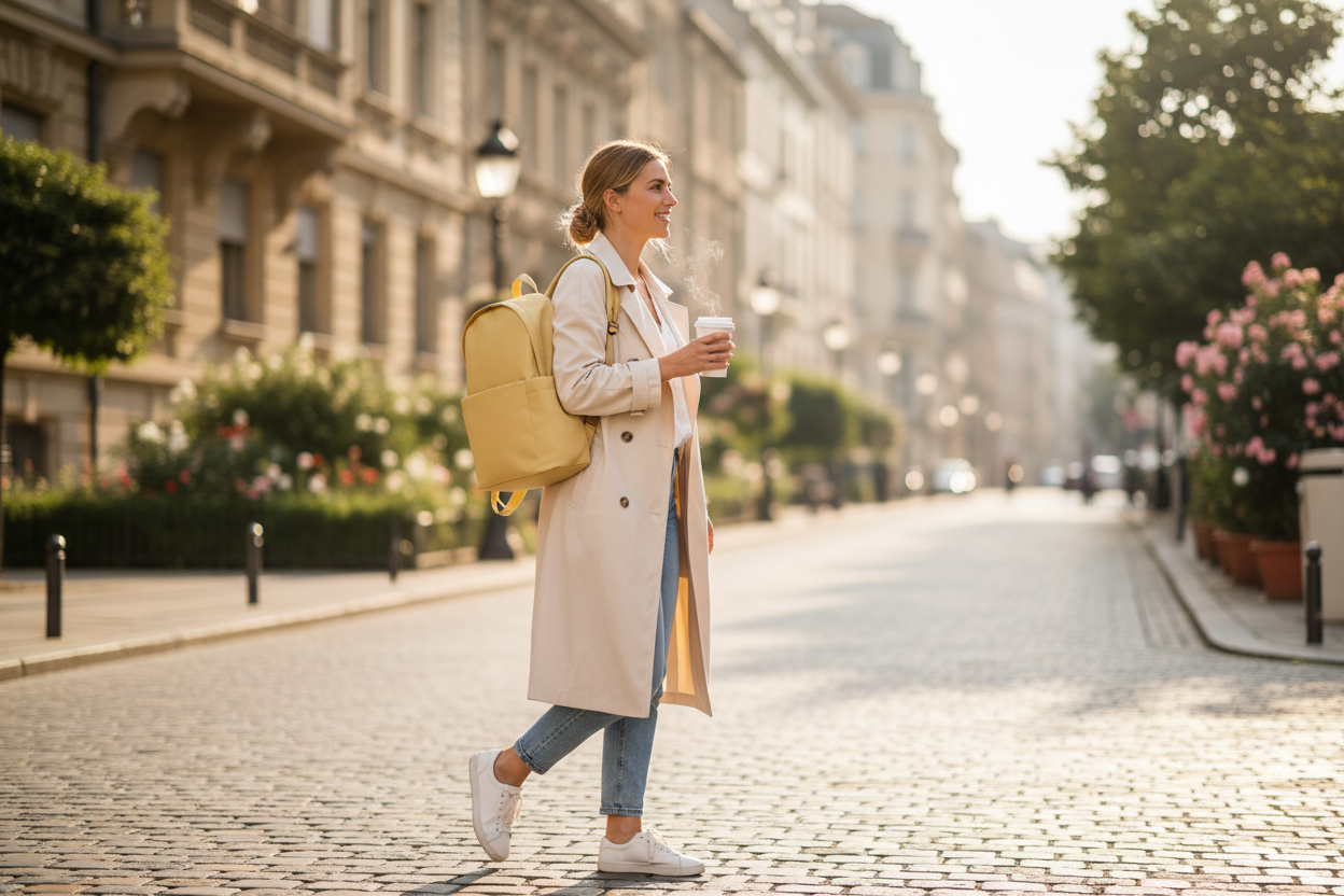 Model with yellow backpack in urban setting
