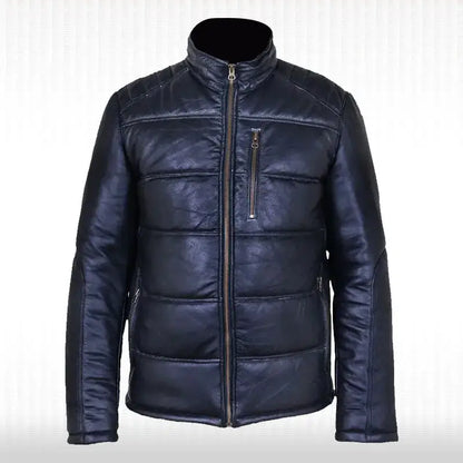 Men’s Black Leather Quilted Bomber Jacket