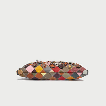 Rainbow Floral Patchwork Leather Tote Bag – 3D Flower Appliqué Cowhide Shoulder & Crossbody Bag