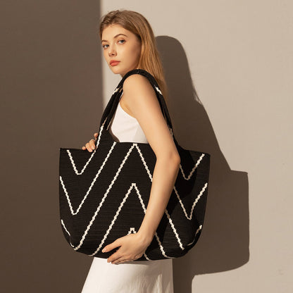 Retro Chevron Canvas Tote Bag – Heavy-Duty Woven Geometric Pattern Shoulder Tote with Interior Zip Pocket