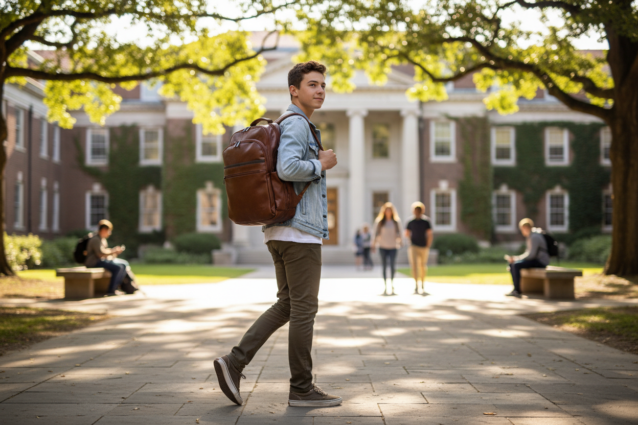 Student with brown leather backpack on campus