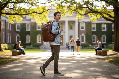 Student with brown leather backpack on campus