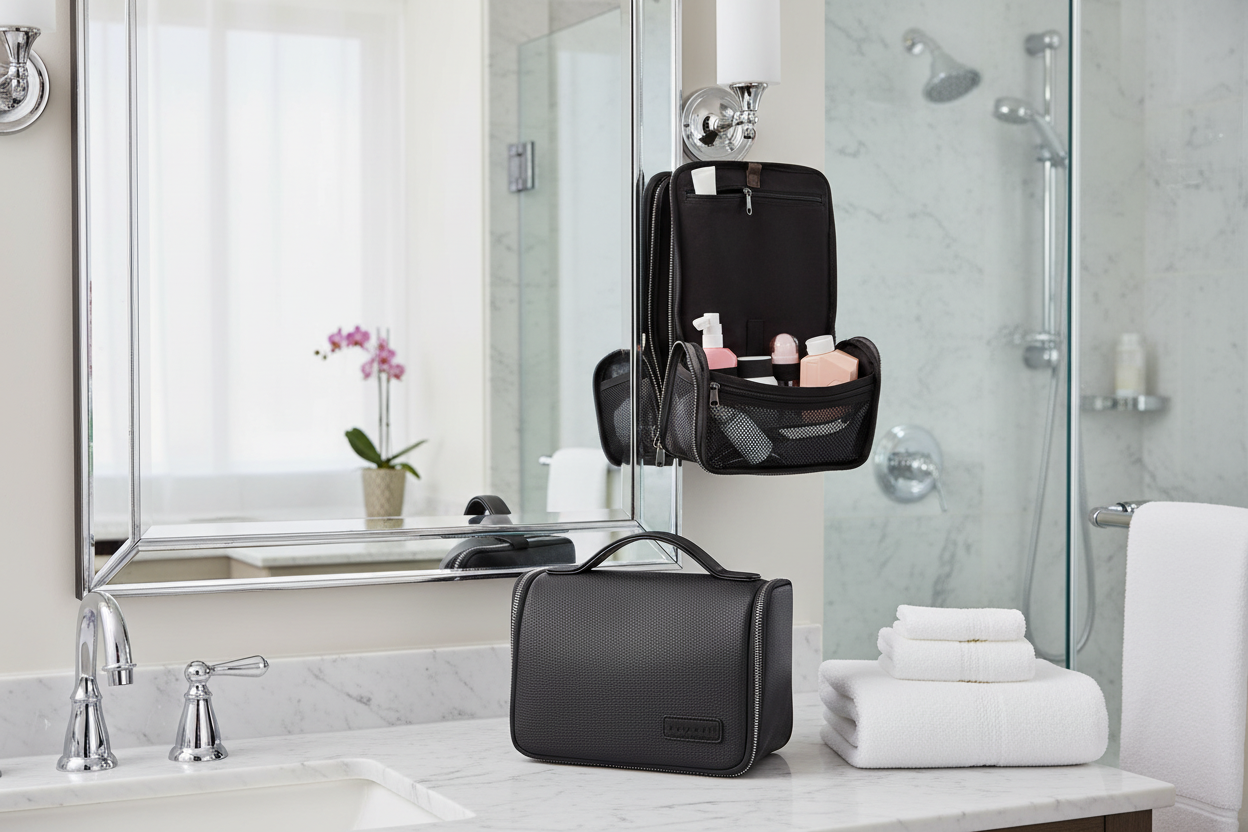 Travel toiletry bag in hotel room