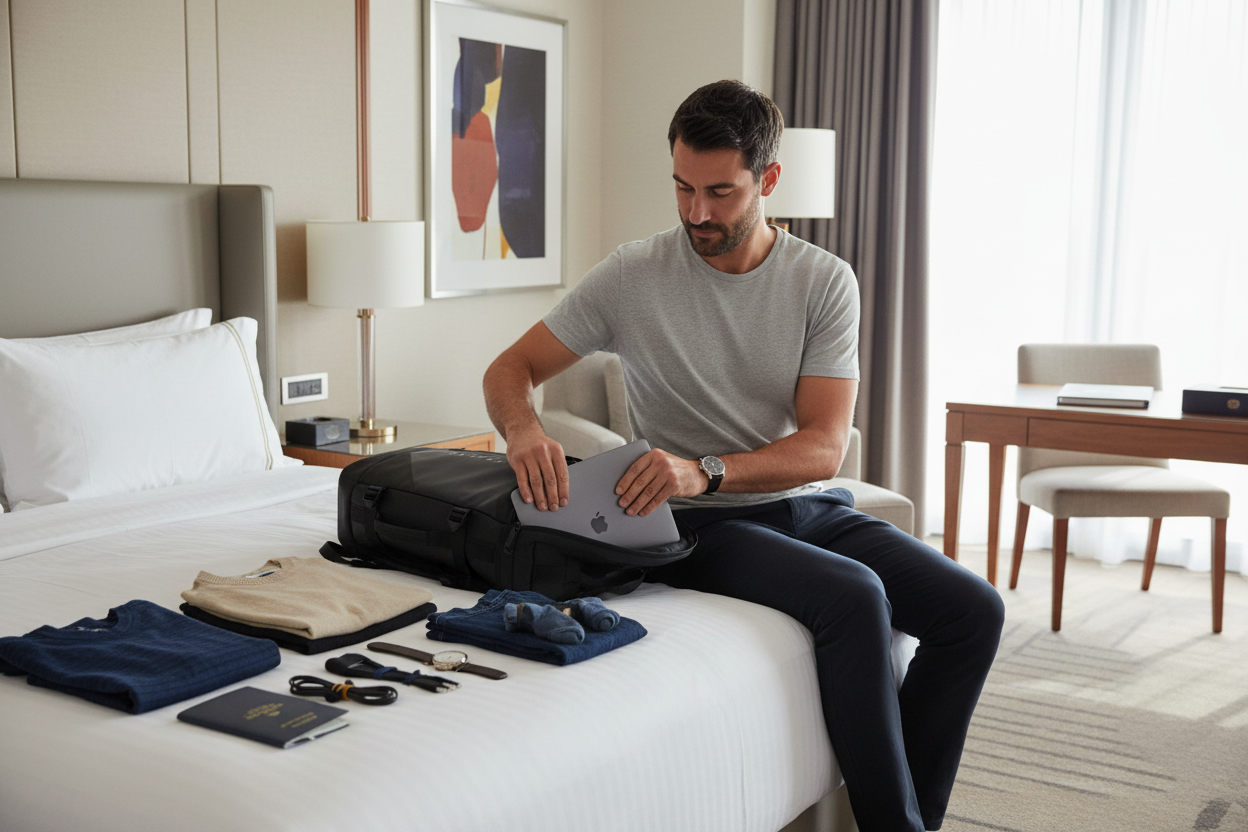 Traveler packing black backpack in hotel room